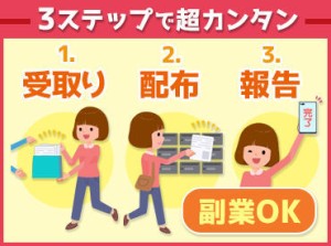 (1)配布物を取りに行く
(2)配布する
(3)配り終わったら完了報告！
⇒この３Stepのみ！
特別なスキルや経験は一切不要◎