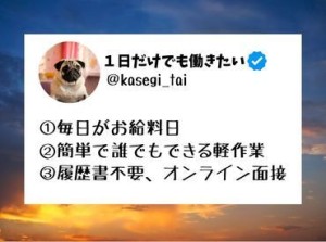 ＼現金手渡しって珍しいんですよ！／
年齢不問！未経験でもカンタンなお仕事！ 
サクッと稼げる♪