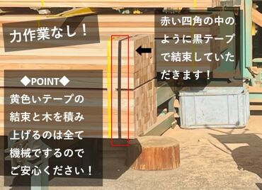 木材の加工は機械が行います◎
仕分け・ピッキングなどの作業
20代～50代までの男性活躍中♪
未経験の方歓迎